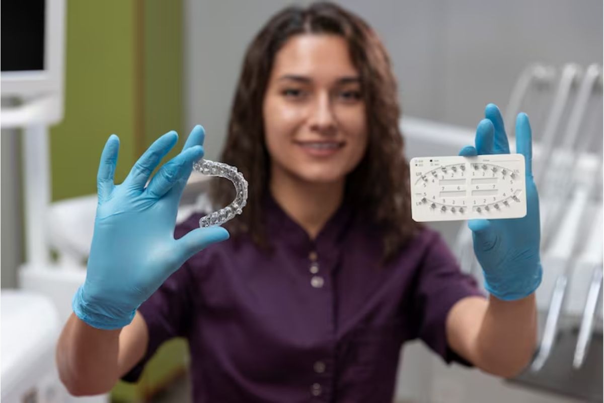 dentist holding invisalign aligners and a treatment guide explaining how often to change invisalign trays.